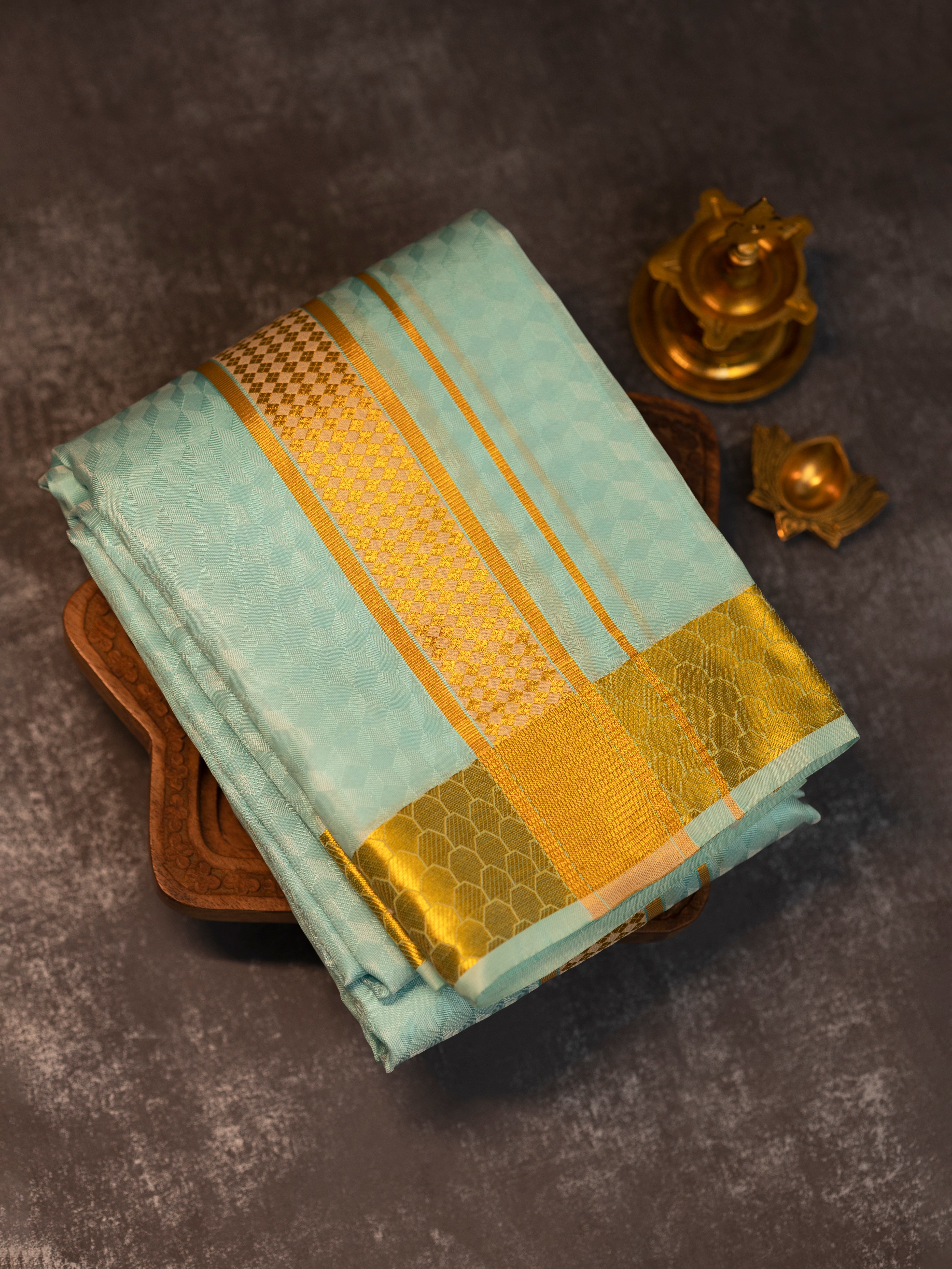 Men Pure Silk Blue Dhoti Shirting & Towel Set with 2 1/2 " inch Gold Jari Border RJ04