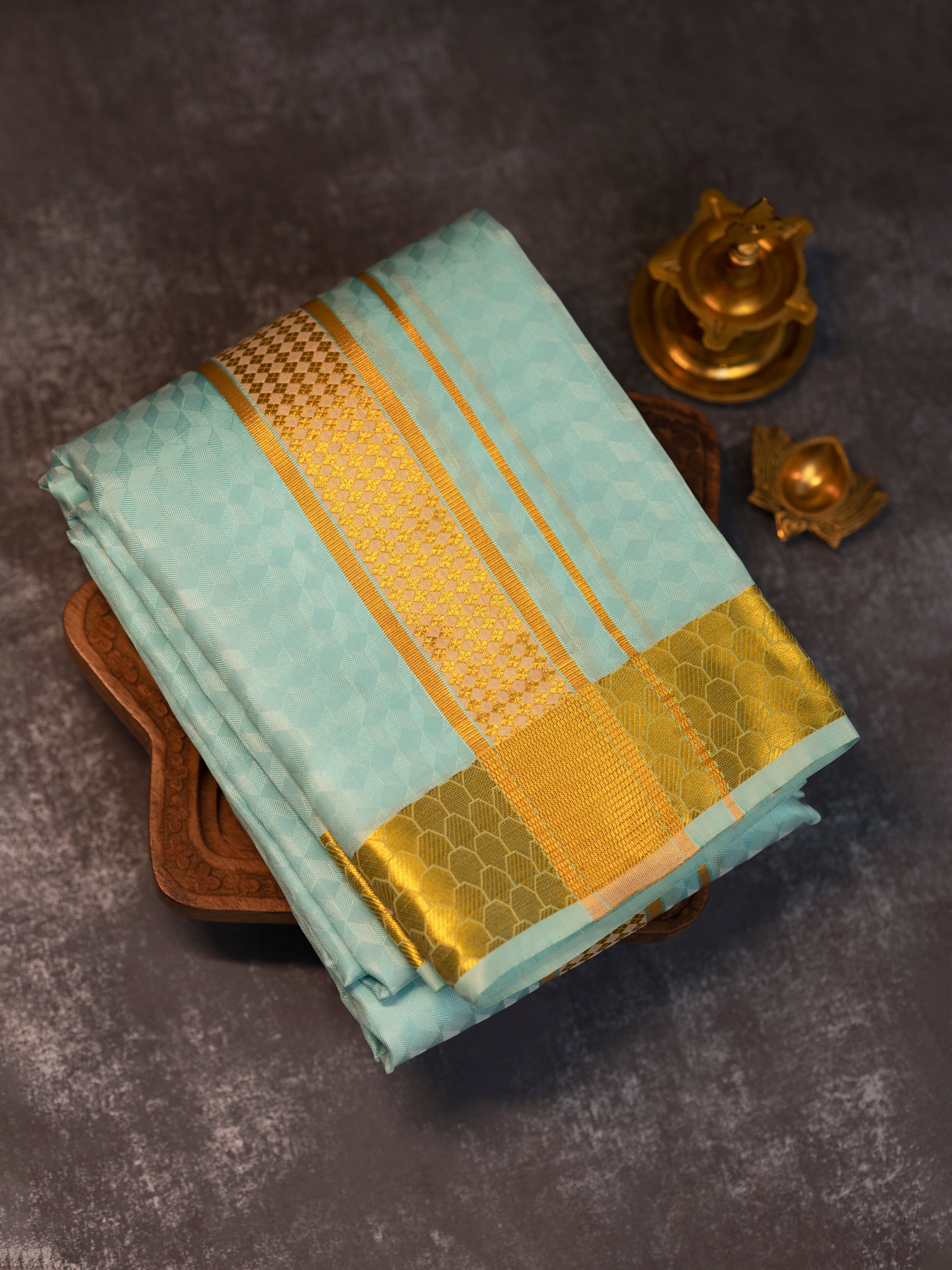 Men Pure Silk Blue Dhoti Shirting & Towel Set with 2 1/2 " inch Gold Jari Border RJ04
