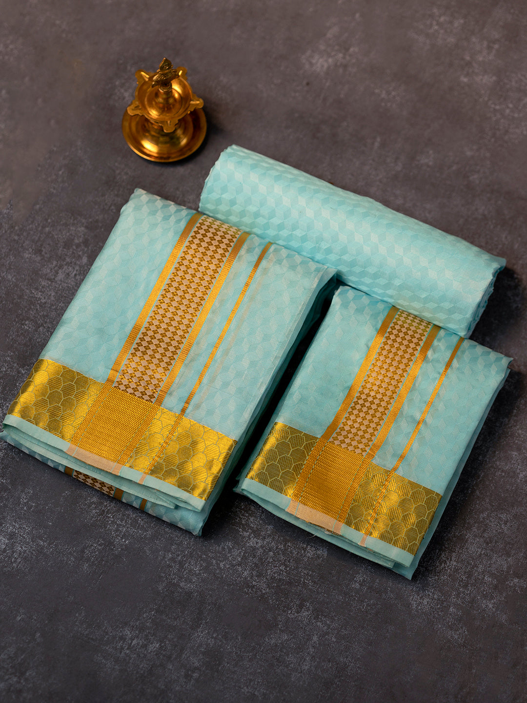 Men Pure Silk Blue Dhoti Shirting & Towel Set with 2 1/2 " inch Gold Jari Border RJ04