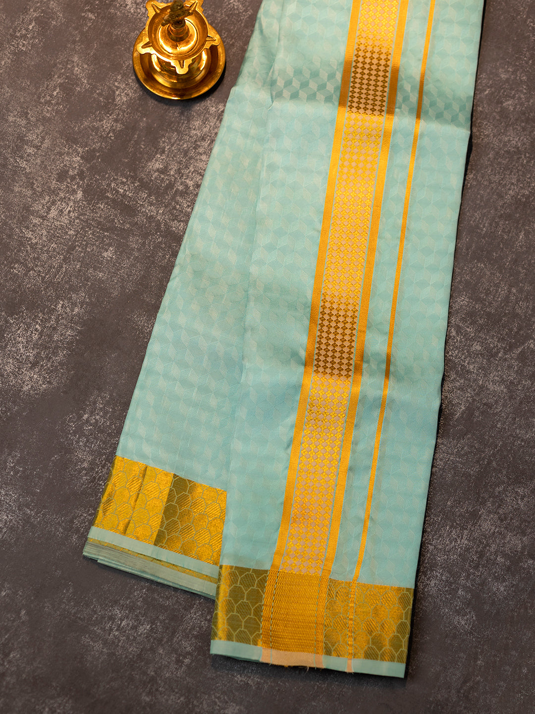 Men Pure Silk Blue Dhoti Shirting & Towel Set with 2 1/2 " inch Gold Jari Border RJ04