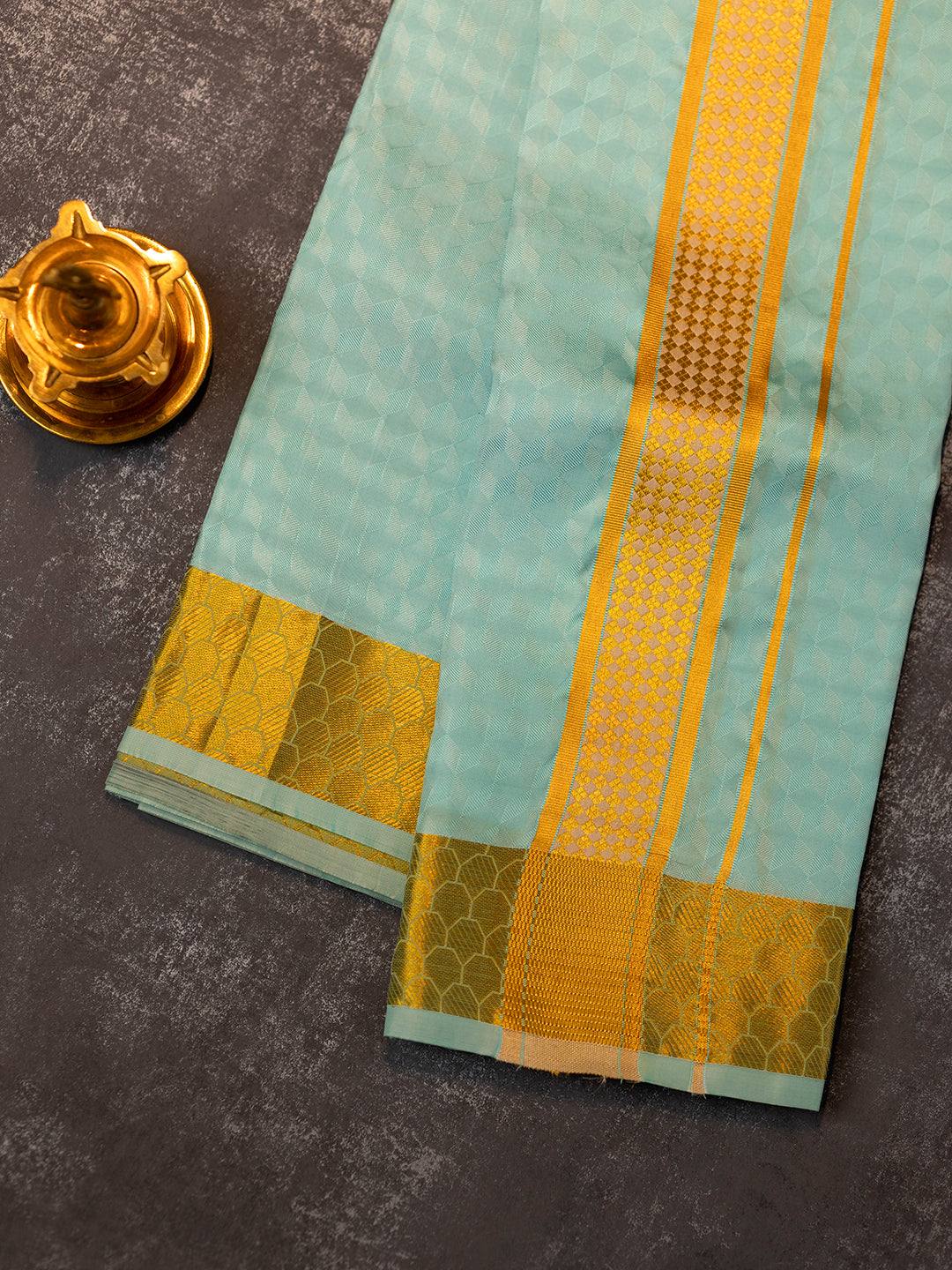 Men Pure Silk Blue Dhoti Shirting & Towel Set with 2 1/2 " inch Gold Jari Border RJ04
