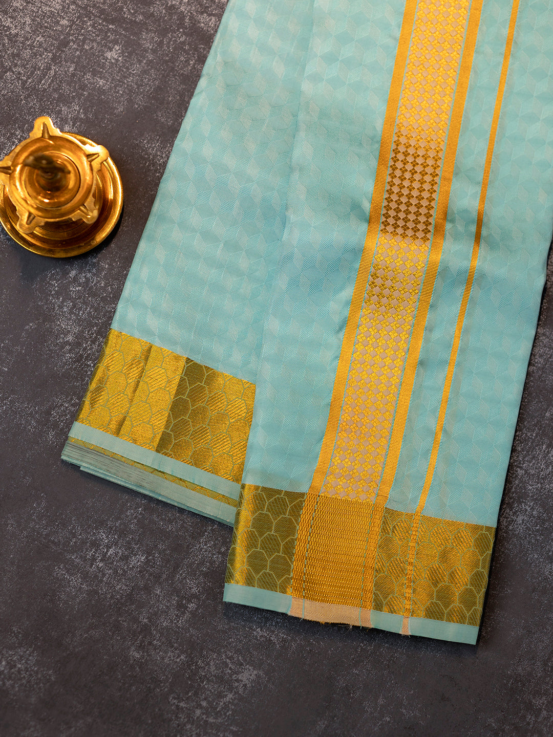 Men Pure Silk Blue Dhoti Shirting & Towel Set with 2 1/2 " inch Gold Jari Border RJ04