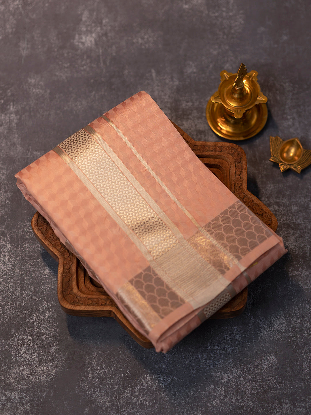 Men Pure Silk Light Copper Dhoti Shirting & Towel Set with 2 1/2 " inch Silver Jari Border RJ05