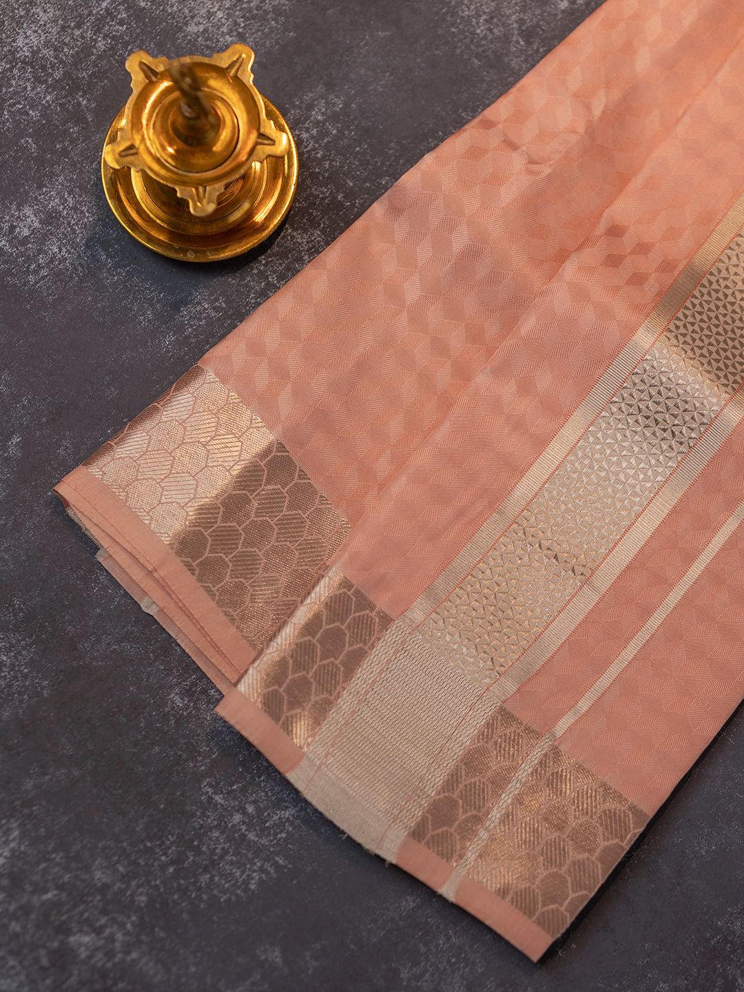 Men Pure Silk Light Copper Dhoti Shirting & Towel Set with 2 1/2 " inch Silver Jari Border RJ05
