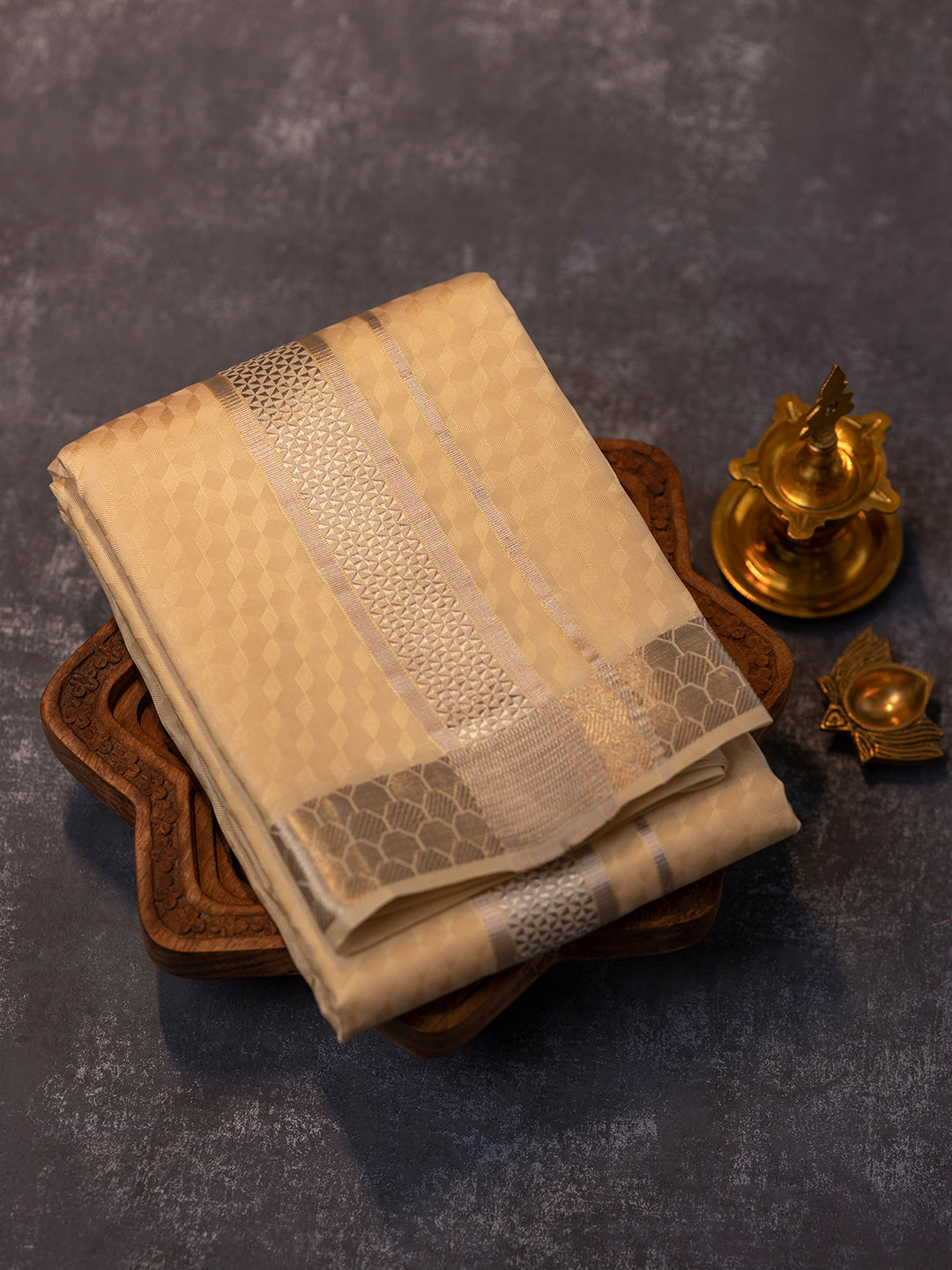 Men Pure Silk Sandal Dhoti Shirting & Towel Set with 2" inch Silver Jari Border RJ06