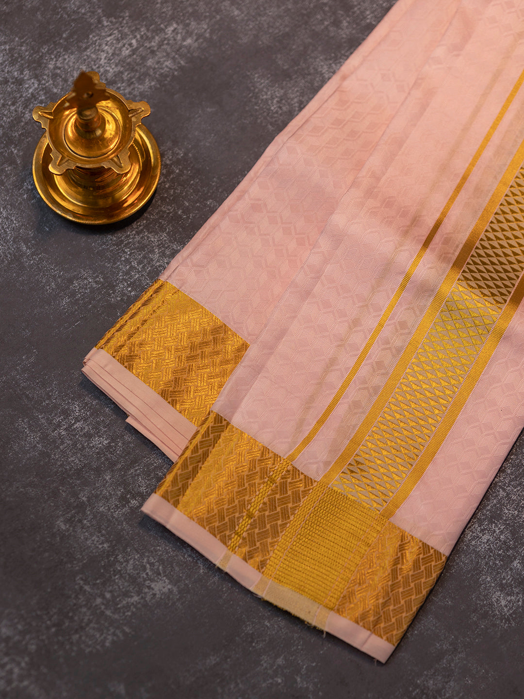 Men Pure Silk Pink Dhoti Shirting & Towel Set with 2 1/2 " inch Gold Jari Border RJ03