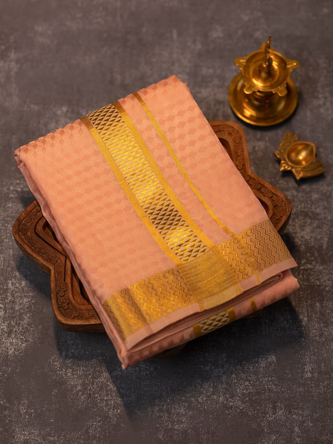 Men Pure Silk Copper Dhoti Shirting & Towel Set with 2" inch Gold Jari Border RJ04