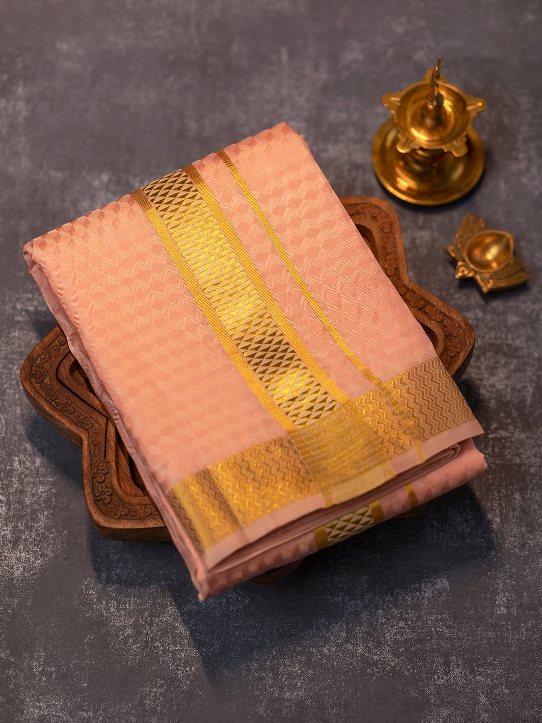 Men Pure Silk Copper Dhoti Shirting & Towel Set with 2" inch Gold Jari Border RJ04