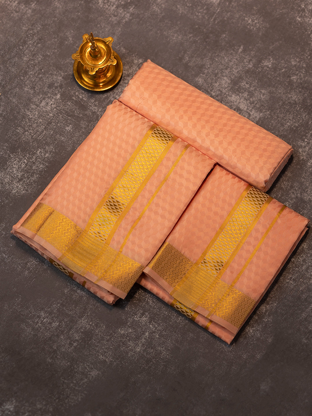 Men Pure Silk Copper Dhoti Shirting & Towel Set with 2" inch Gold Jari Border RJ04