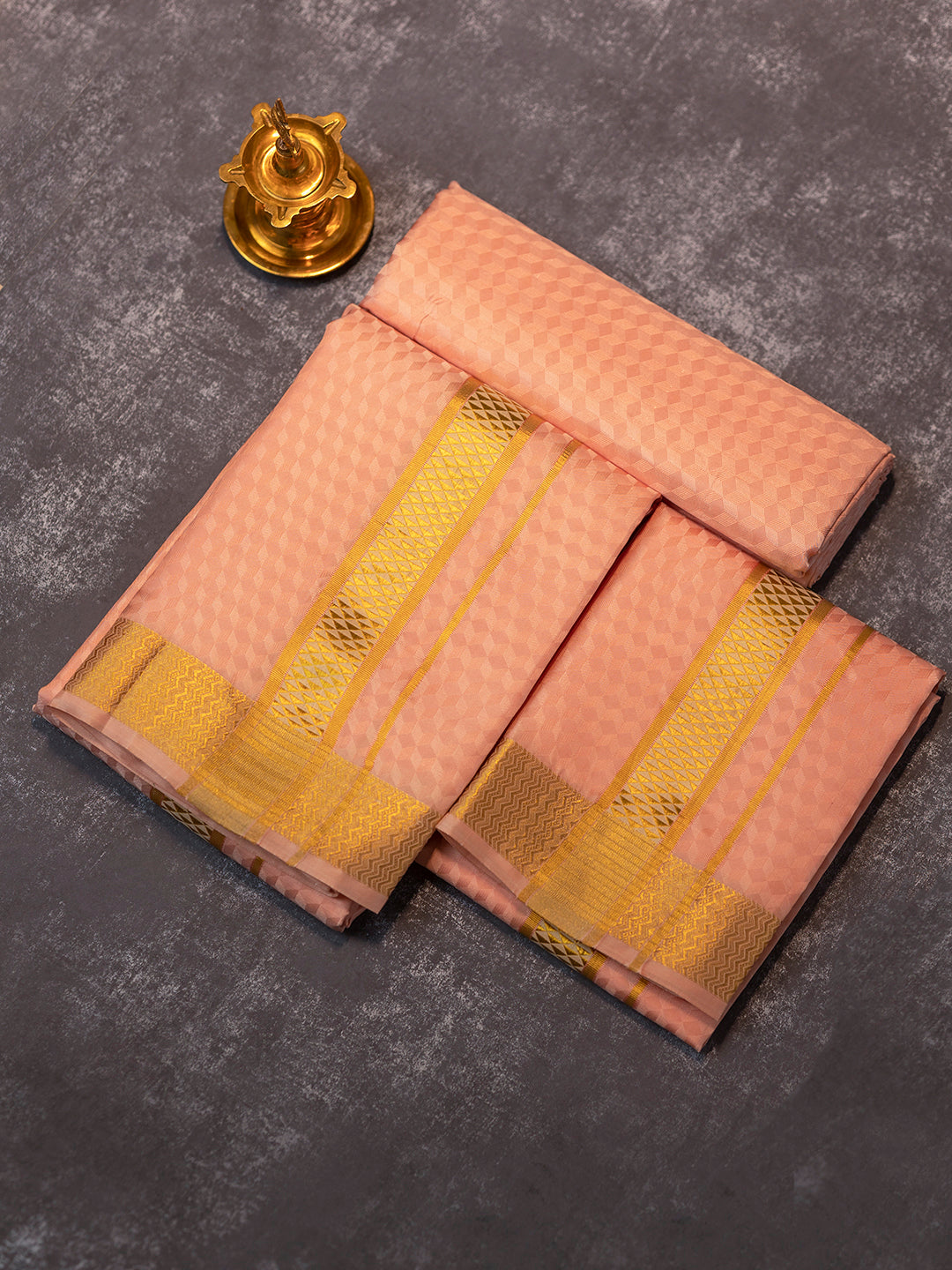 Men Pure Silk Copper Dhoti Shirting & Towel Set with 2" inch Gold Jari Border RJ04