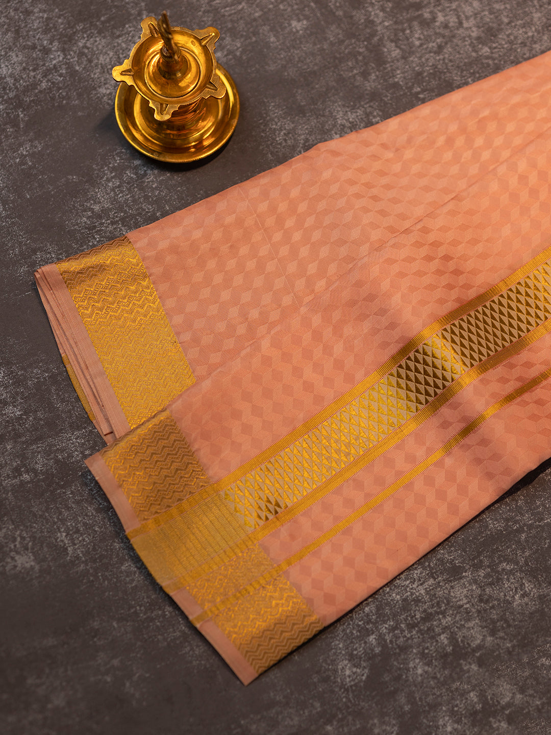 Men Pure Silk Copper Dhoti Shirting & Towel Set with 2" inch Gold Jari Border RJ04