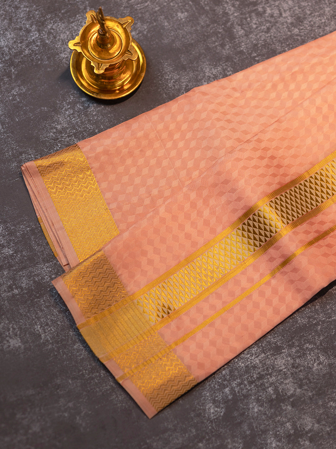 Men Pure Silk Copper Dhoti Shirting & Towel Set with 2" inch Gold Jari Border RJ04