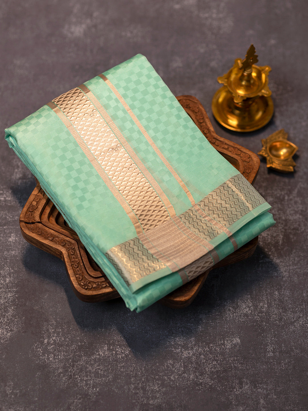 Men Pure Silk Green Dhoti Shirting & Towel Set with 2" inch Silver Jari Border RJ08
