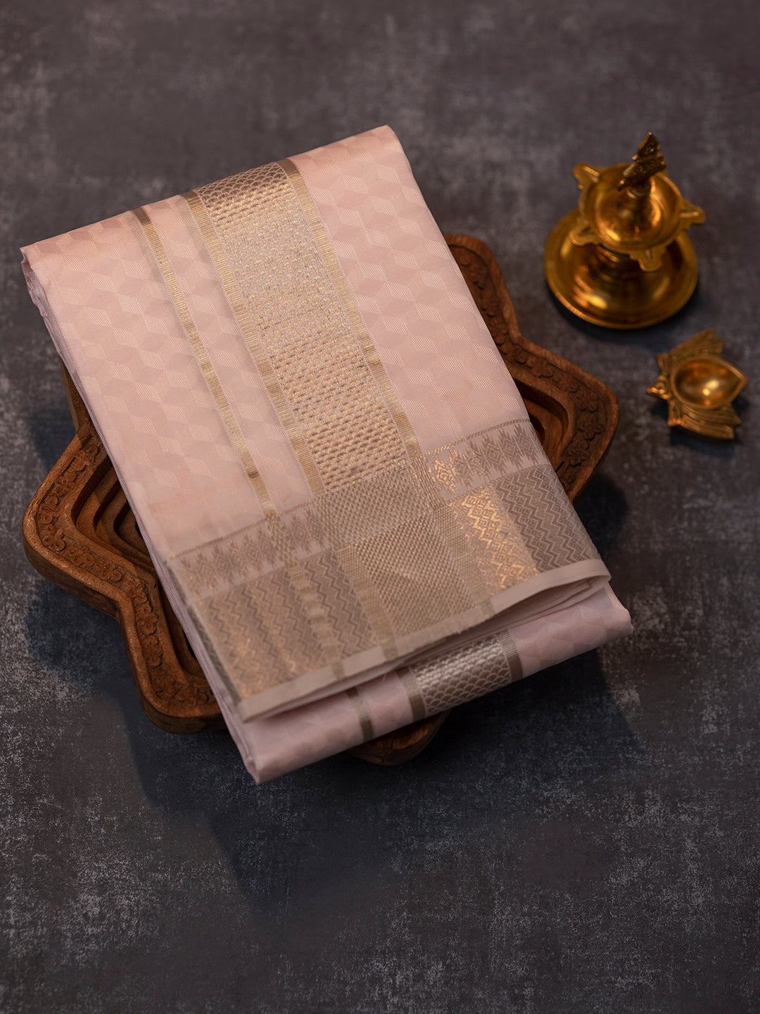 Men Pure Silk Pink Dhoti Shirting & Towel Set with 3" inch Silver Jari Border RJ02