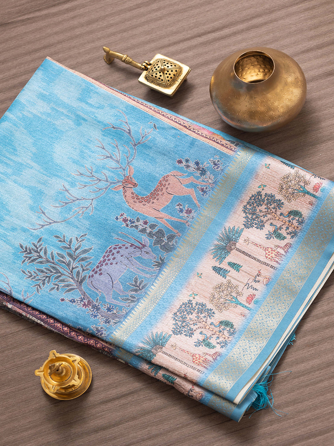 Women Sky blue Semi Tussar Printed Saree SS339