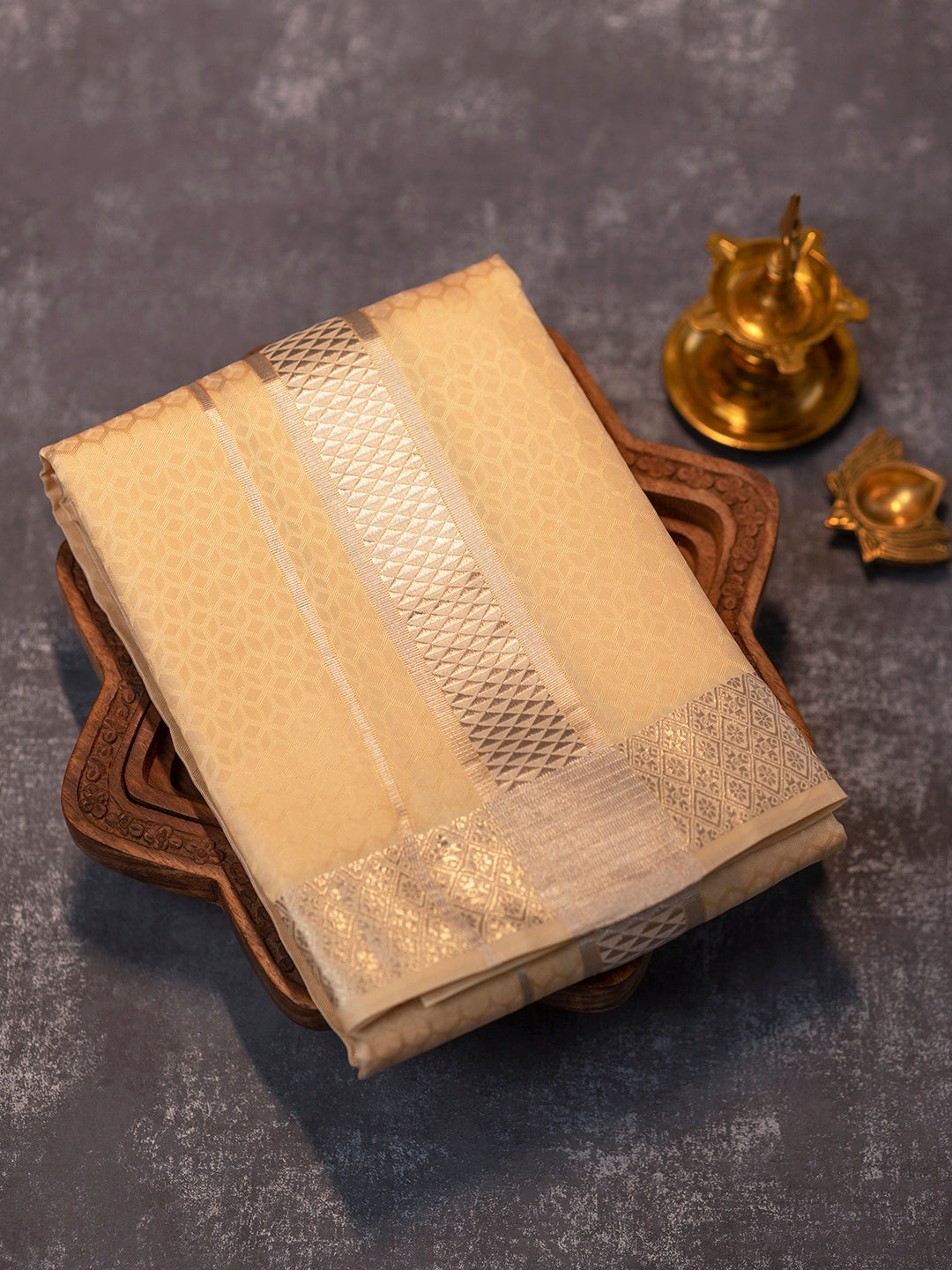 Men Pure Silk Sandal Dhoti Shirting & Towel Set with 2" inch Silver Jari Border RJ05