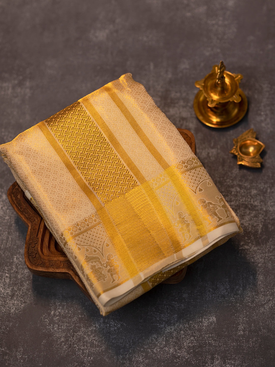 Men Premium Pure Silk Gold Tissue Emboss Design Dhoti Shirting & Towel Set with 5" inch Gold Jari Border RJ01
