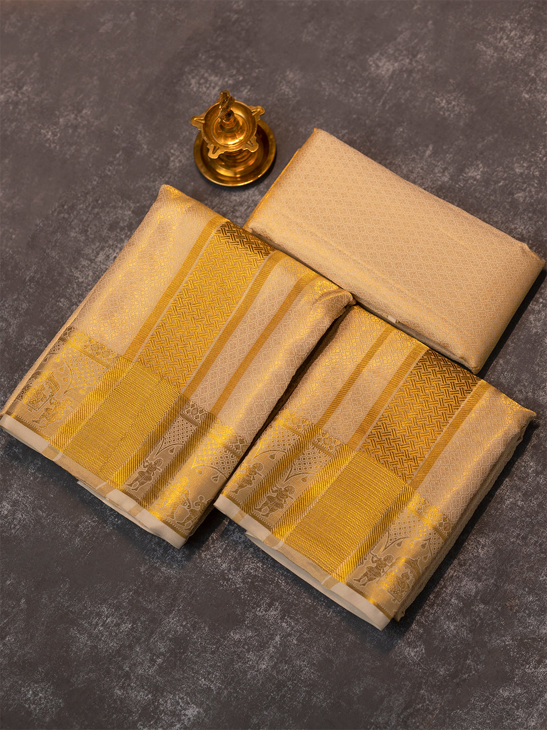 Men Premium Pure Silk Gold Tissue Emboss Design Dhoti Shirting & Towel Set with 5" inch Gold Jari Border RJ01
