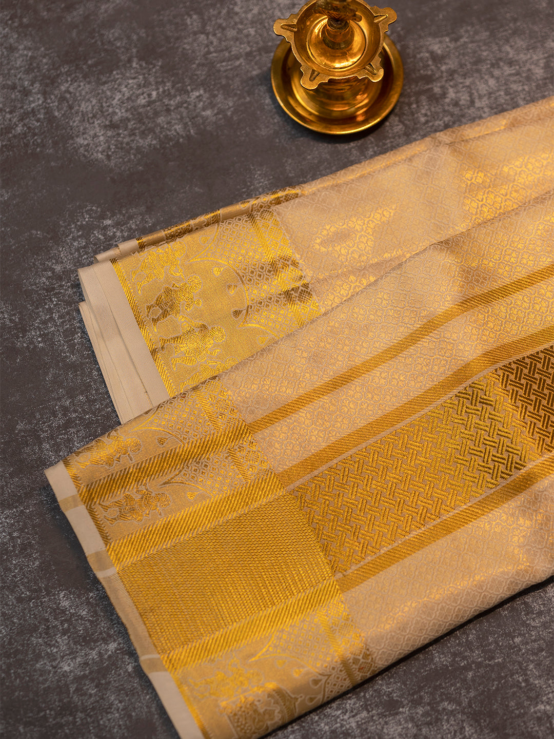 Men Premium Pure Silk Gold Tissue Emboss Design Dhoti Shirting & Towel Set with 5" inch Gold Jari Border RJ01