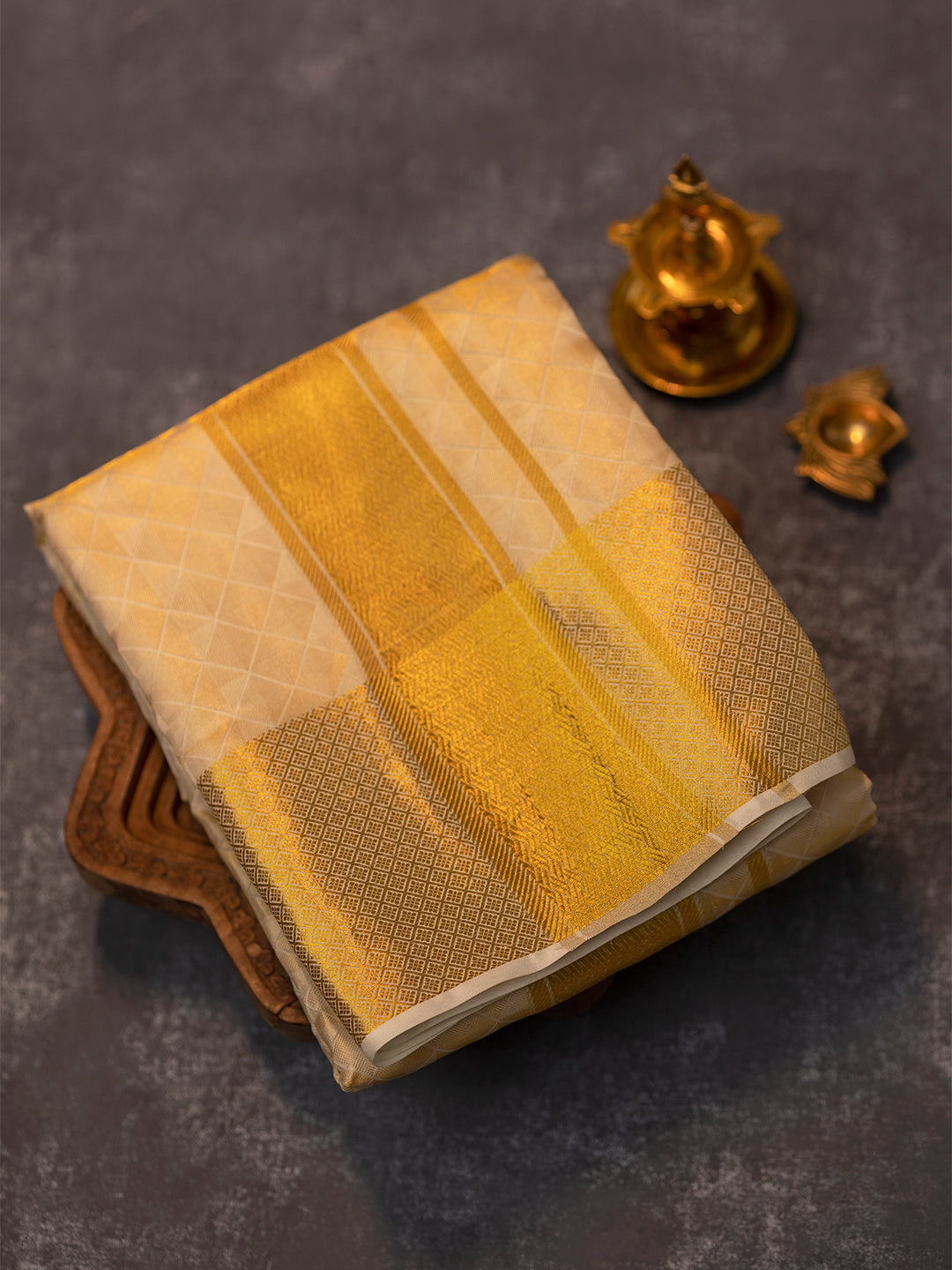 Men Premium Pure Silk Gold Tissue Emboss Design Dhoti Shirting & Towel Set with 5" inch Gold Jari Border RJ02