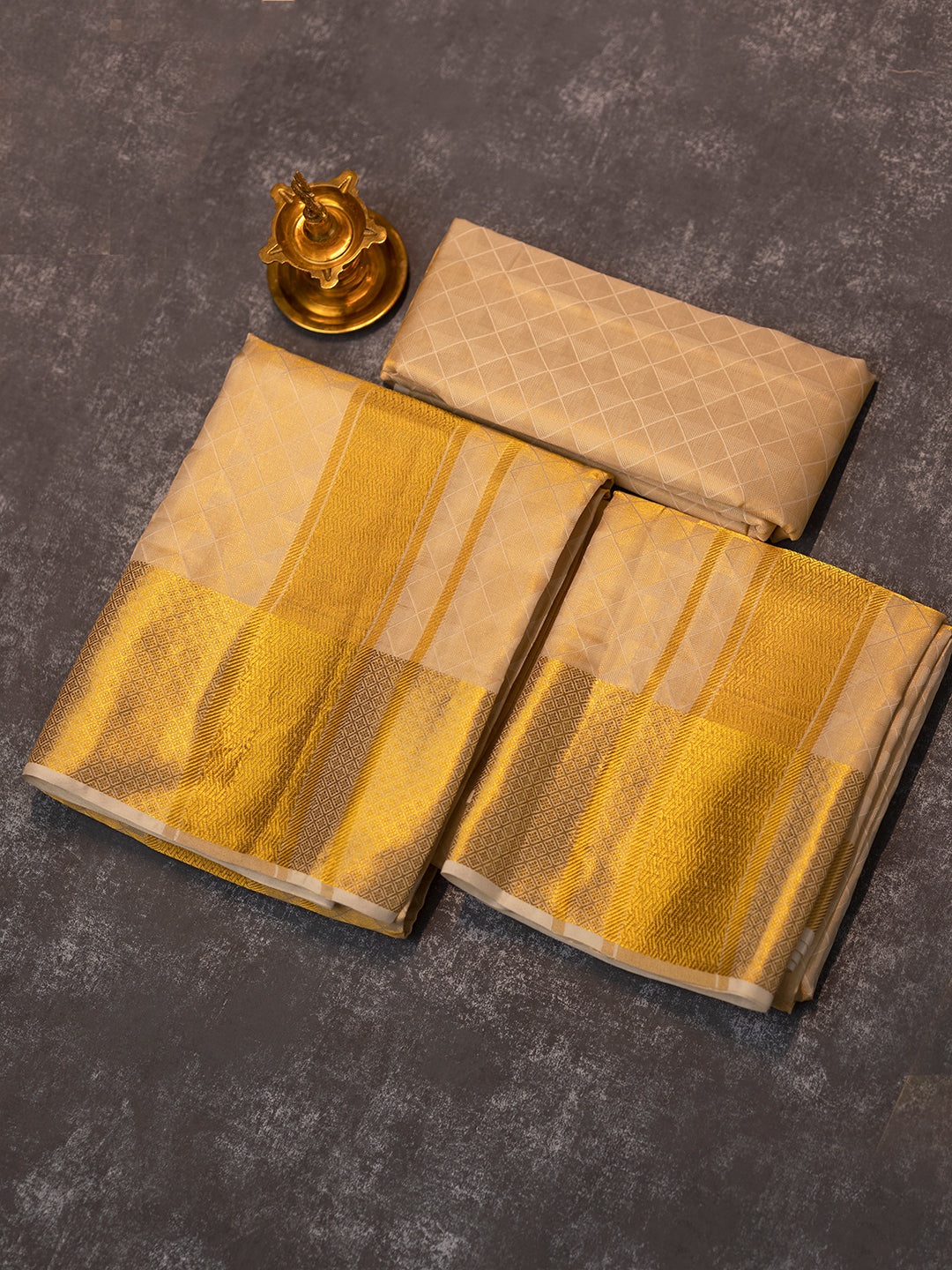 Men Premium Pure Silk Gold Tissue Emboss Design Dhoti Shirting & Towel Set with 5" inch Gold Jari Border RJ02