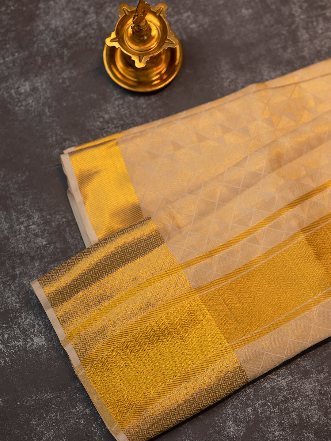 Men Premium Pure Silk Gold Tissue Emboss Design Dhoti Shirting & Towel Set with 5" inch Gold Jari Border RJ02