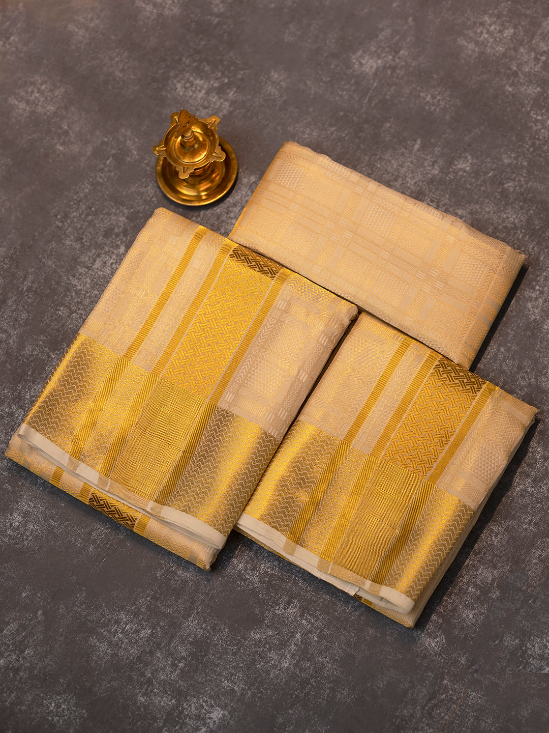 Men Premium Pure Silk Gold Tissue Emboss Design Dhoti Shirting & Towel Set with 5" inch Gold Jari Border RJ03