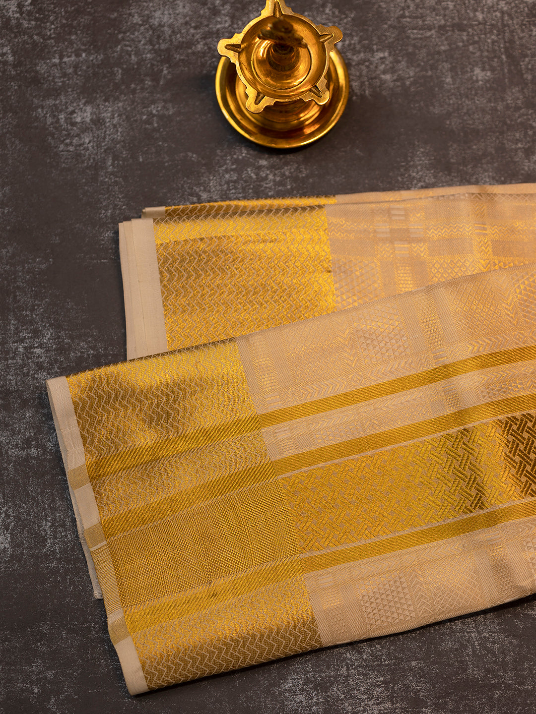 Men Premium Pure Silk Gold Tissue Emboss Design Dhoti Shirting & Towel Set with 5" inch Gold Jari Border RJ03