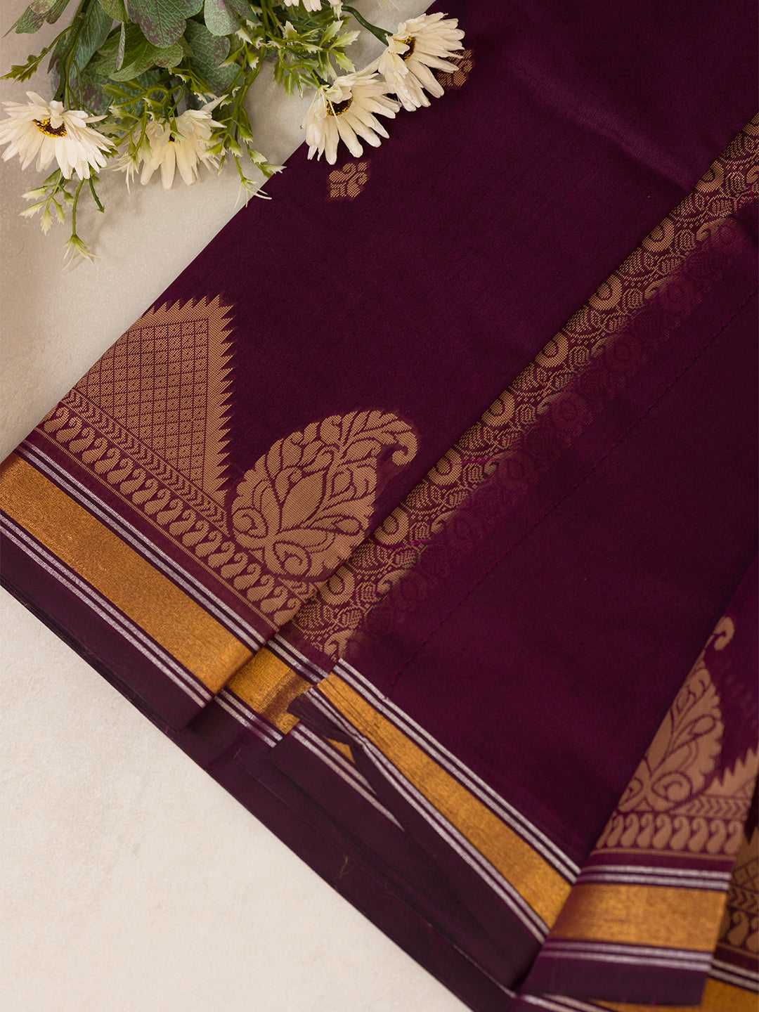 Women Dark Purple Kora Cotton Saree PCS156