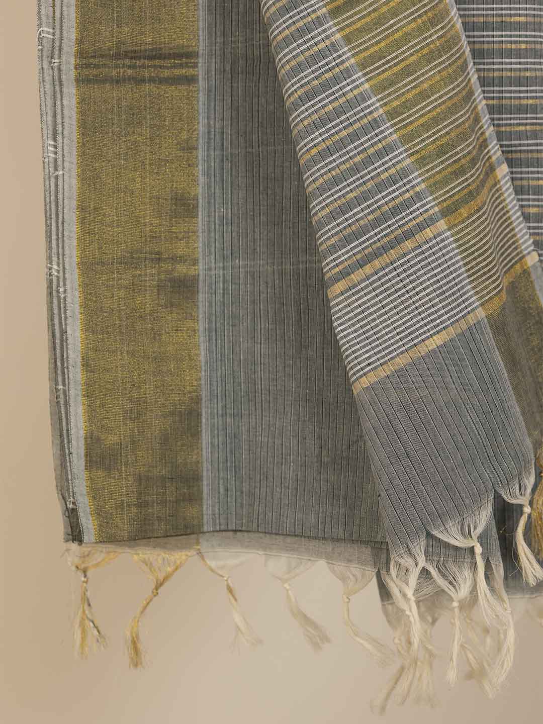 Women Grey Striped Cotton Saree CJ06