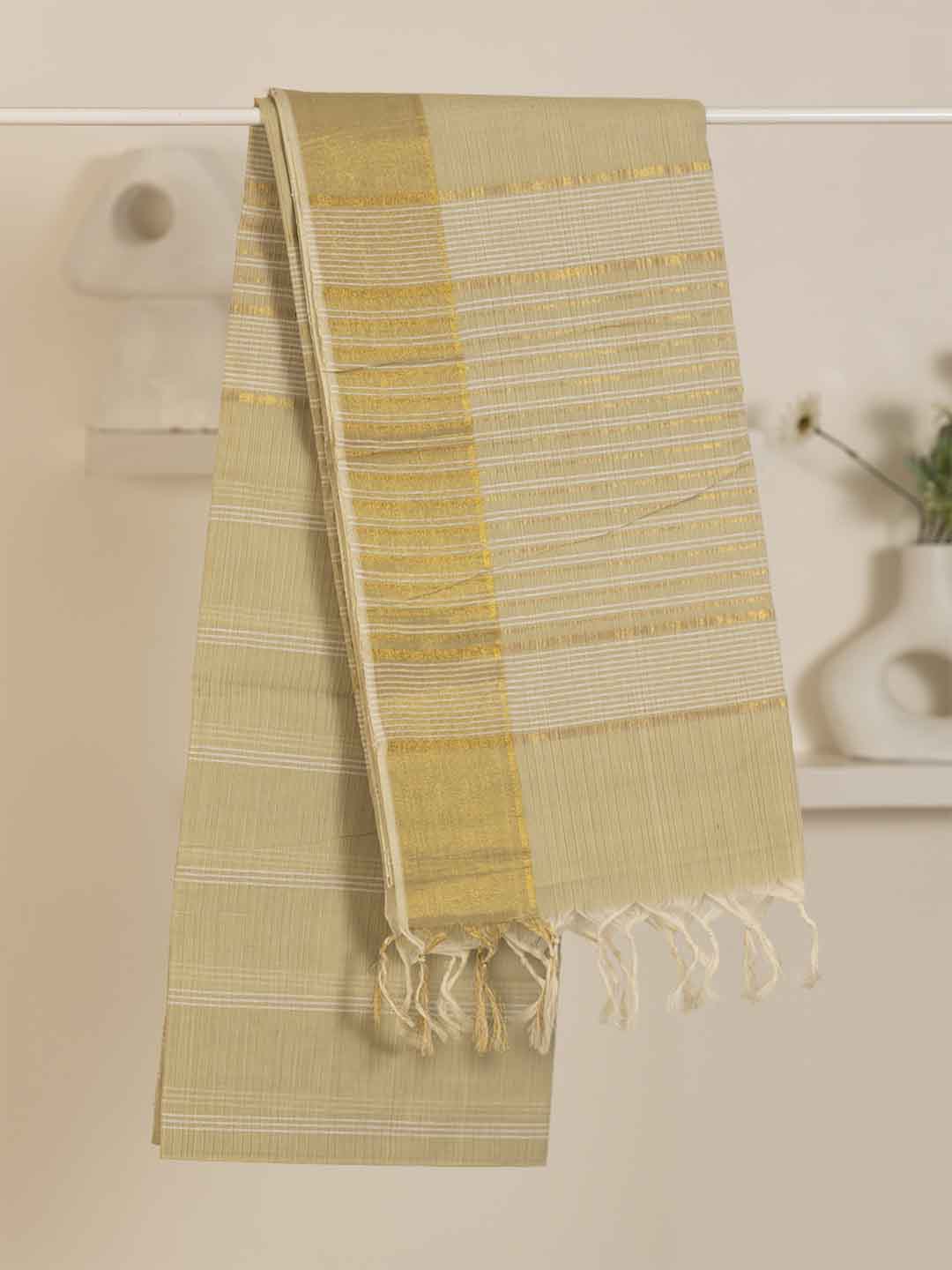 Women Light Green Striped Cotton Saree CJ05