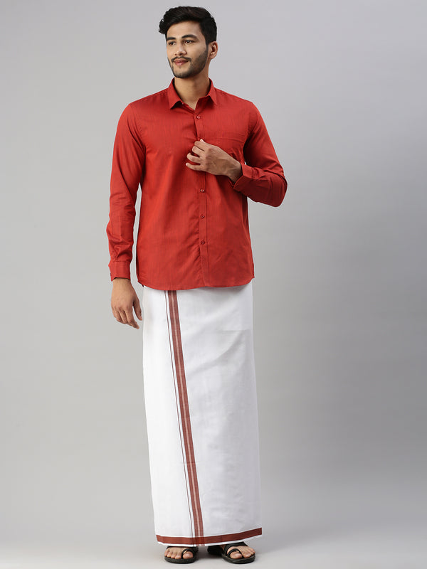 Mens Red Matching Border Dhoti & Full Sleeves Shirt Set Evolution IC5