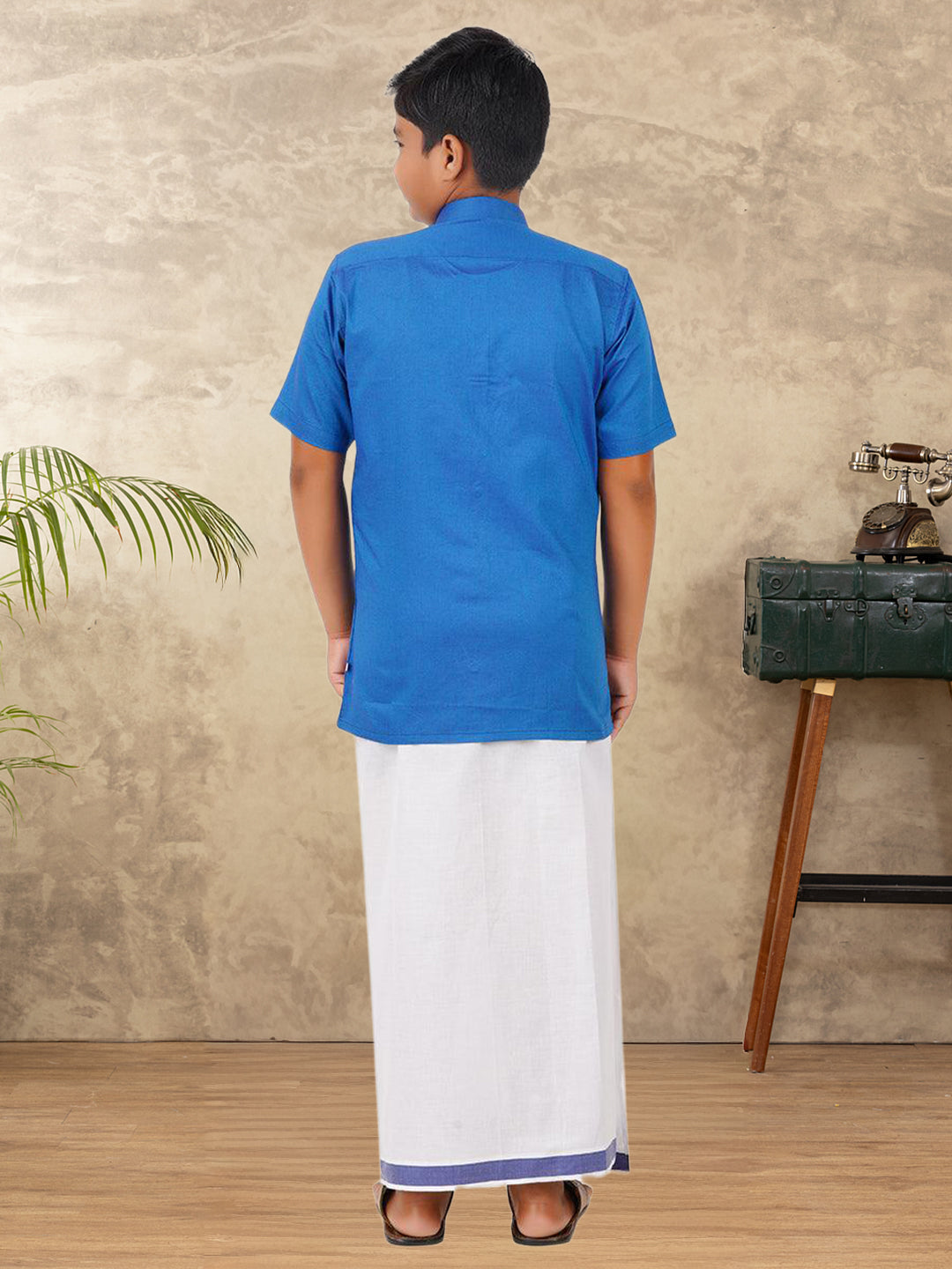 Boys Vetti Vaaram Matching Border Dhoti & Shirt Combo Blue