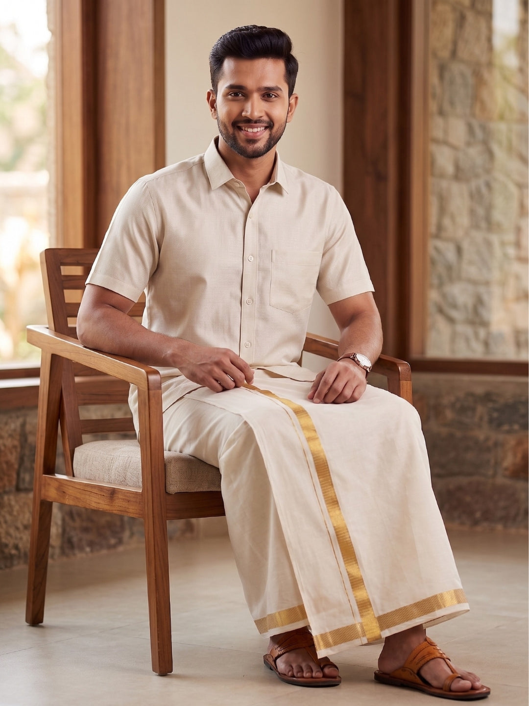 Men Tissue Antique Gold Dhoti & Shirt Set