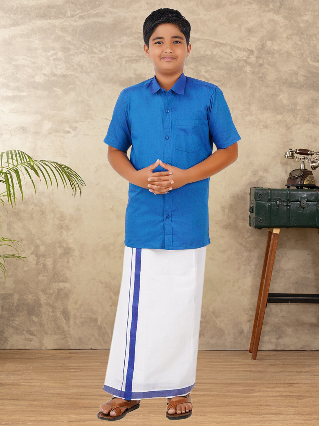 Boys Vetti Vaaram Matching Border Dhoti & Shirt Combo Blue