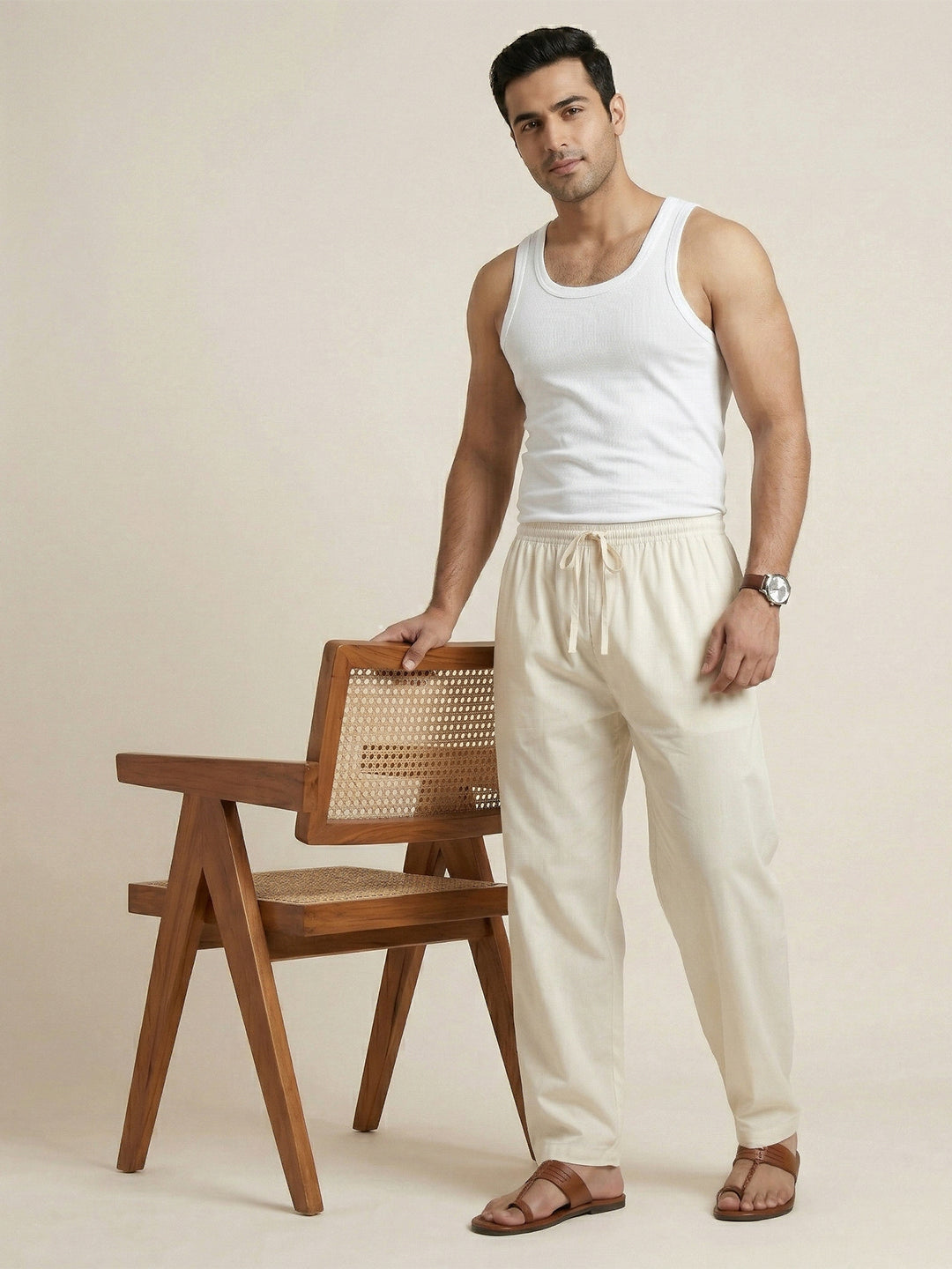 Men Cotton Cream Kurta Pant