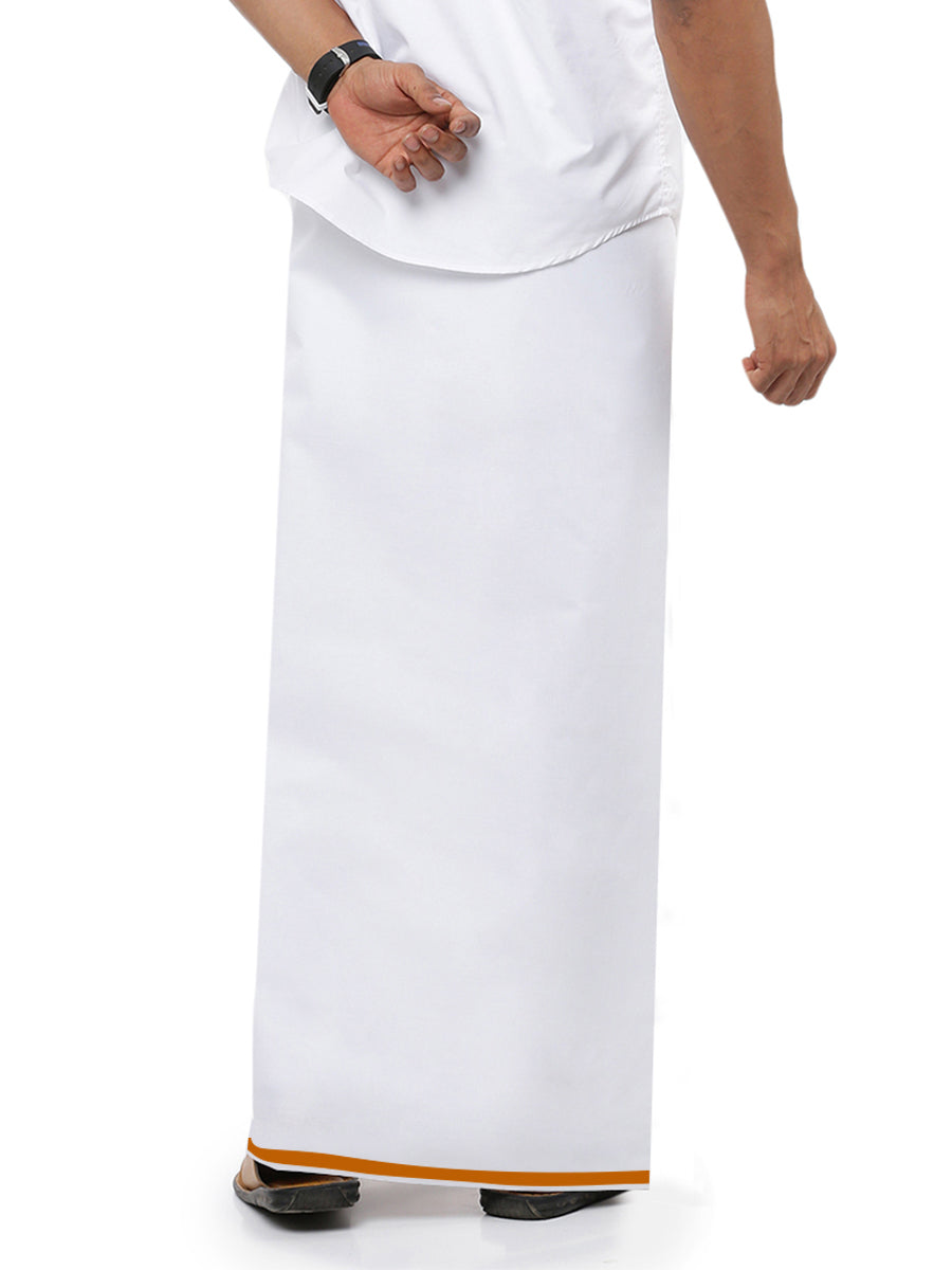 Mens White Stain Guard Single Dhoti with Mustard Big Border Tide-Back view