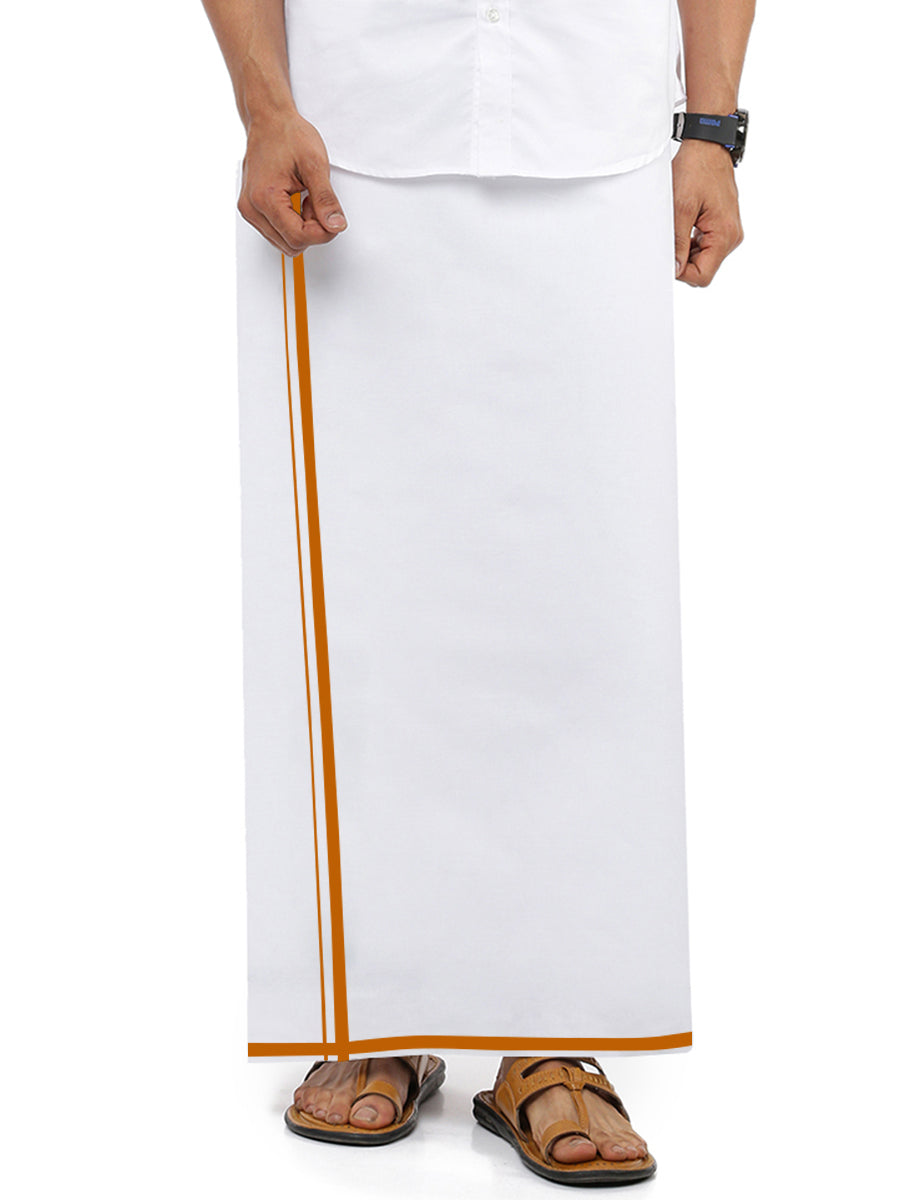 Mens White Stain Guard Single Dhoti with Mustard Big Border Tide