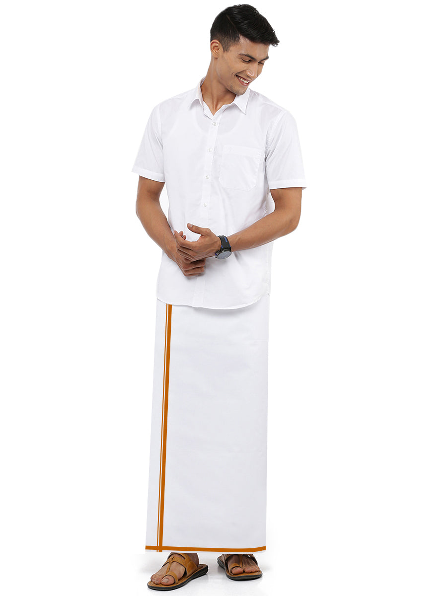 Mens White Stain Guard Single Dhoti with Mustard Big Border Tide-fiull view