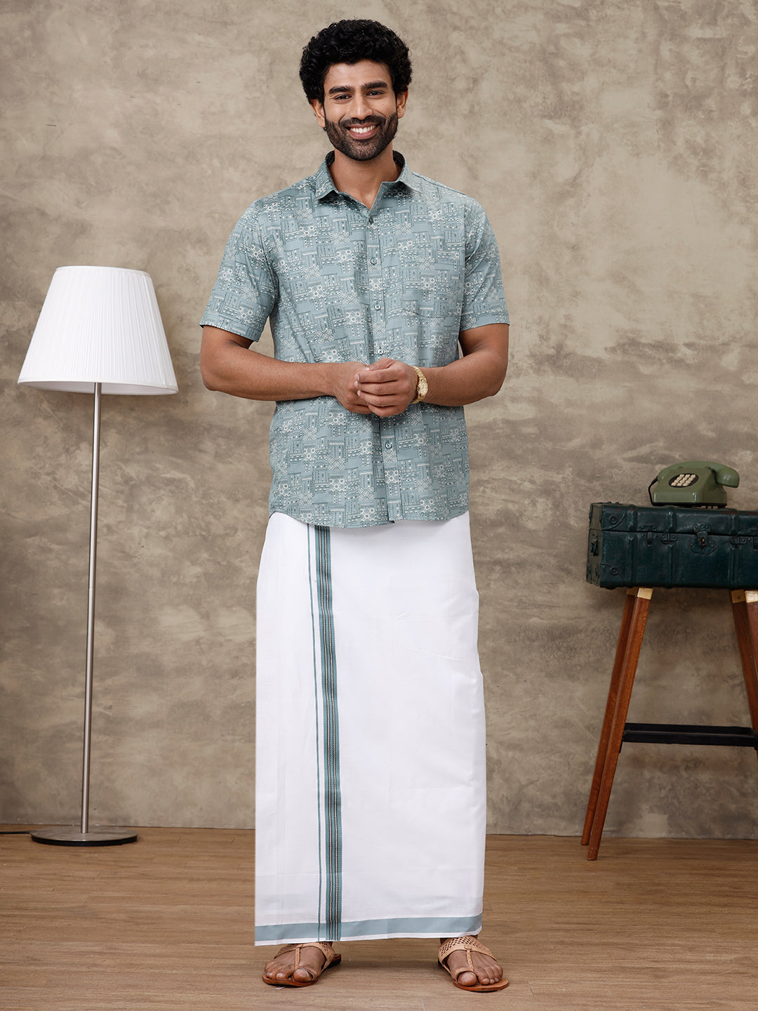 Men Slate Green Matching Border Dhoti With Printed Shirt Set Fusion PS3