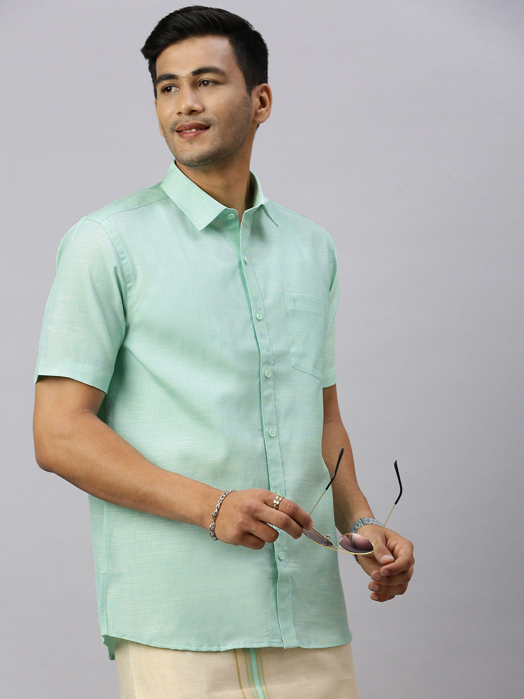 Men Cotton Rich Mint Green Shirt and Tissue Dhoti Set C83