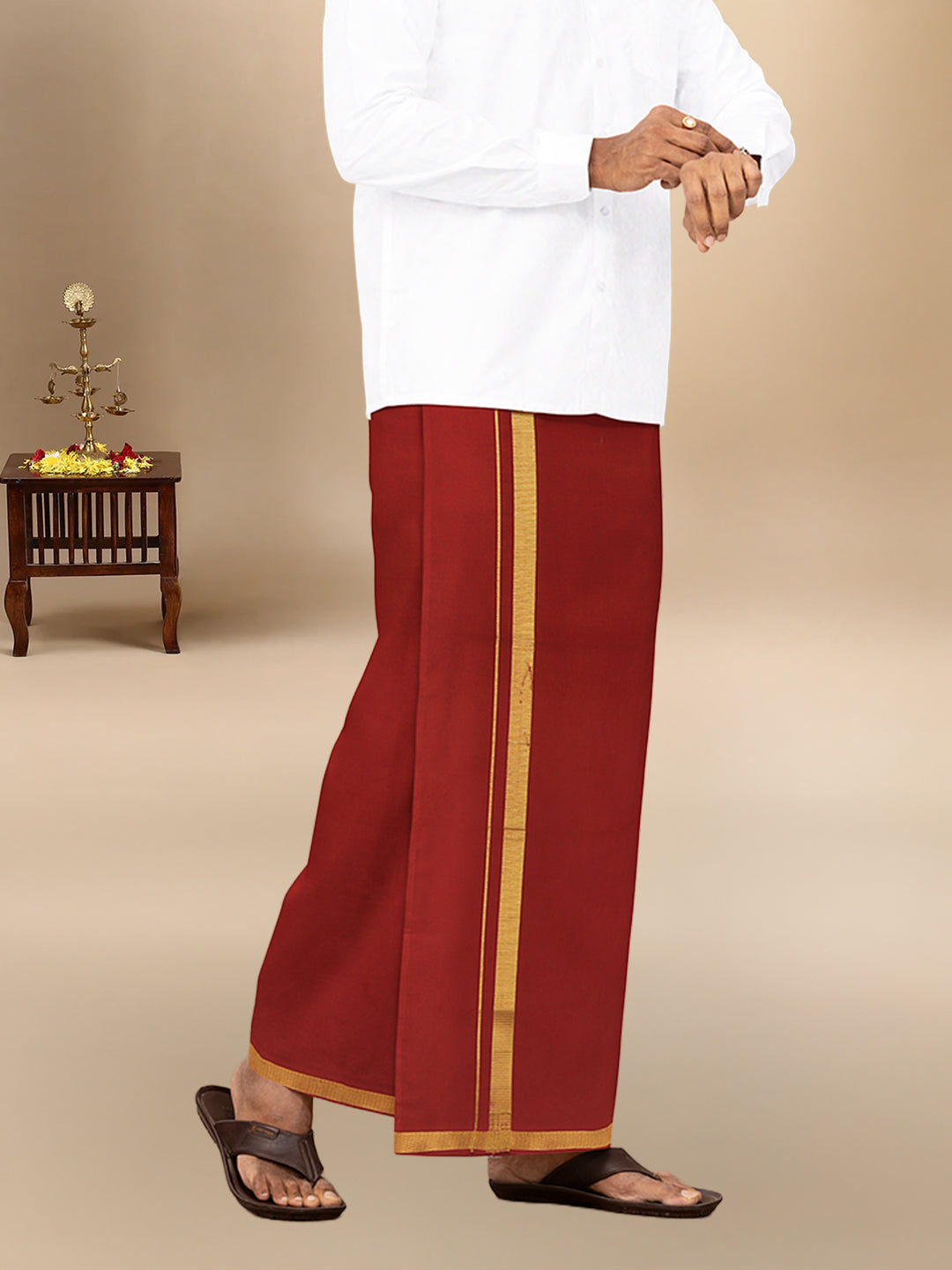 Men Cotton Blend Single Layer Dark Red Dhoti with Gold Jari Border Cosmic