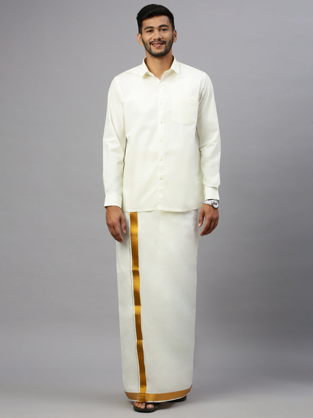 Men  100% Cotton Double Layer Cream Dhoti with 1 1/2" Jari Border Gold Fine Plain