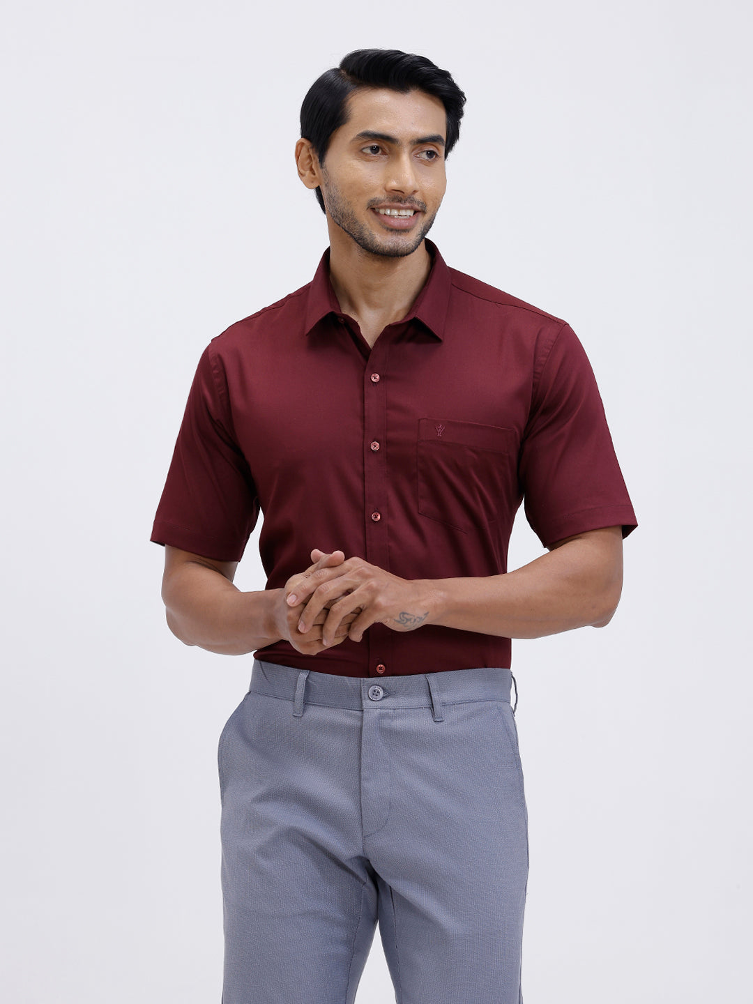 Men Cotton Blend Shirt Dark Maroon T53 ACT9