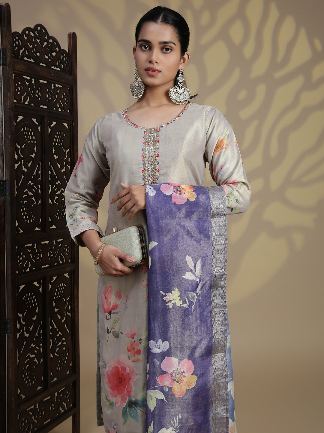 Women Beige Grey MM Silk Printed Kurti Set EKS100