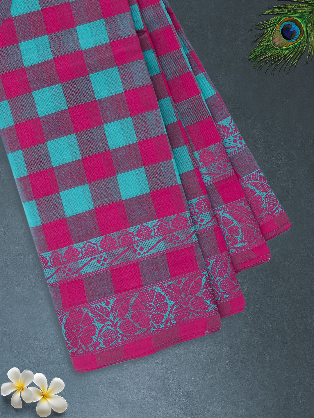 Women Pink with Green Checks Pure Chettinad Cotton Saree PCS225