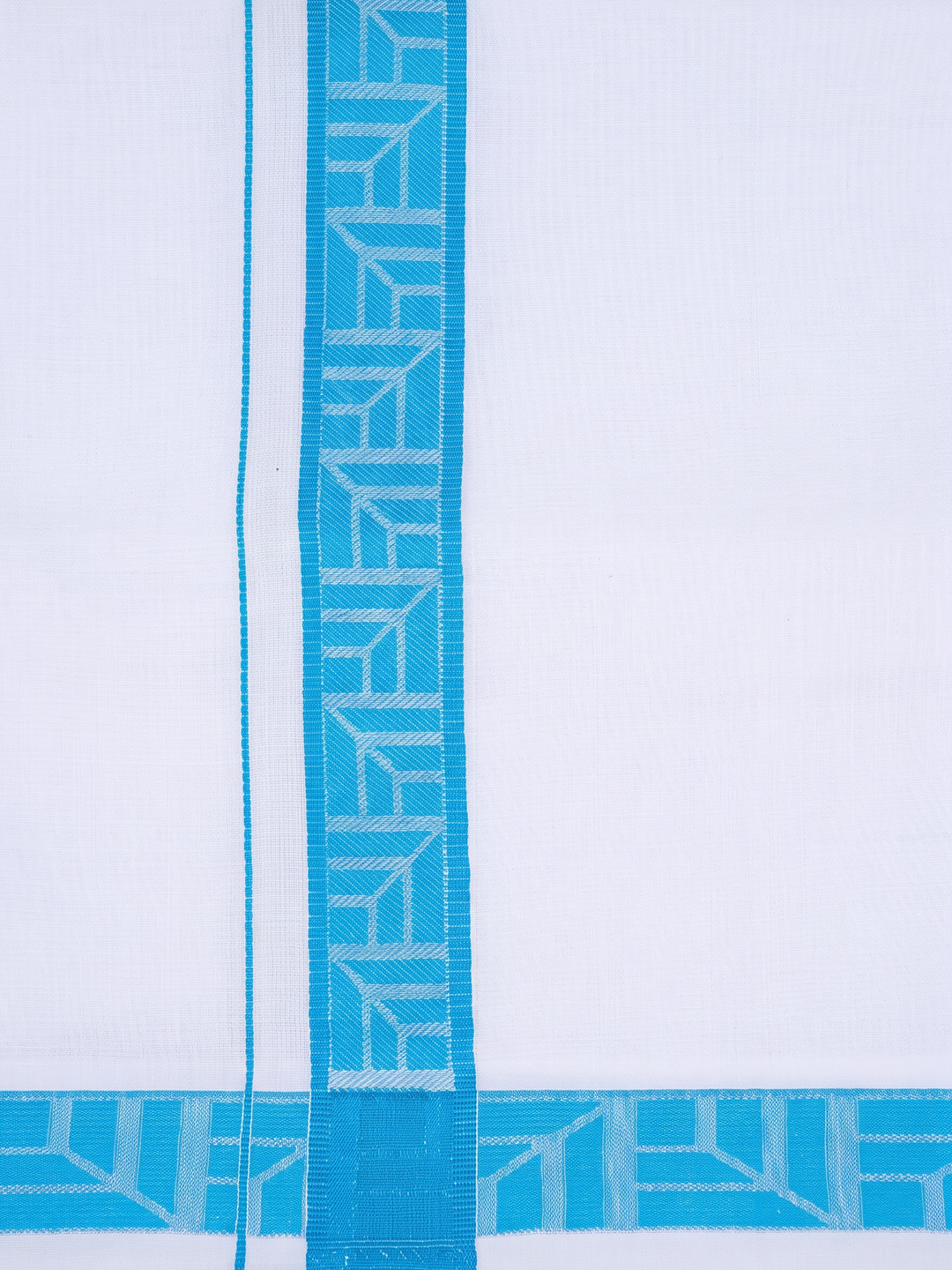 Single Layer Cotton Blend White Dhoti With Blue Jacquard Design Border ELC01