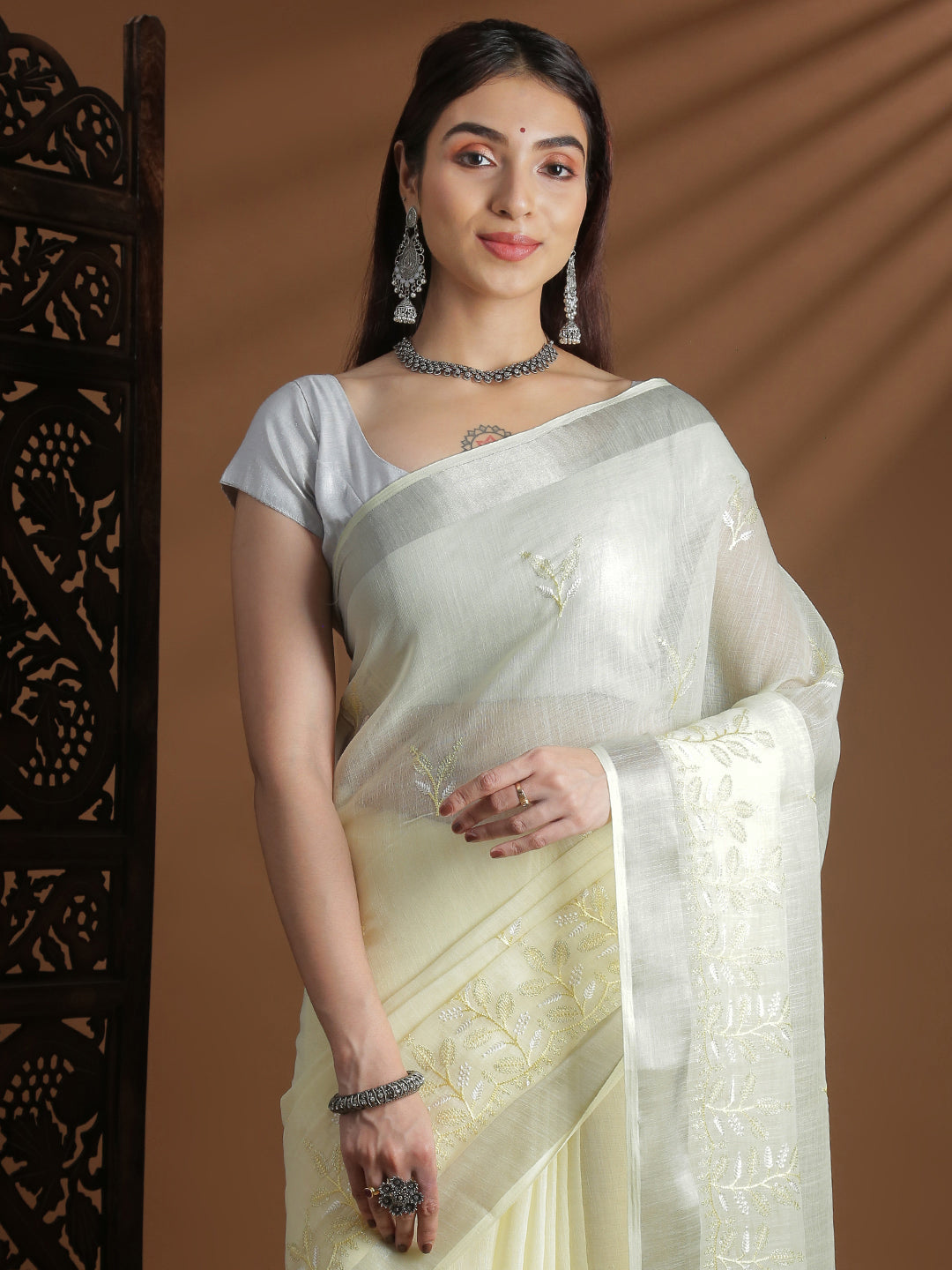Women Lemon Yellow Semi Linen Embroidered Saree SL245