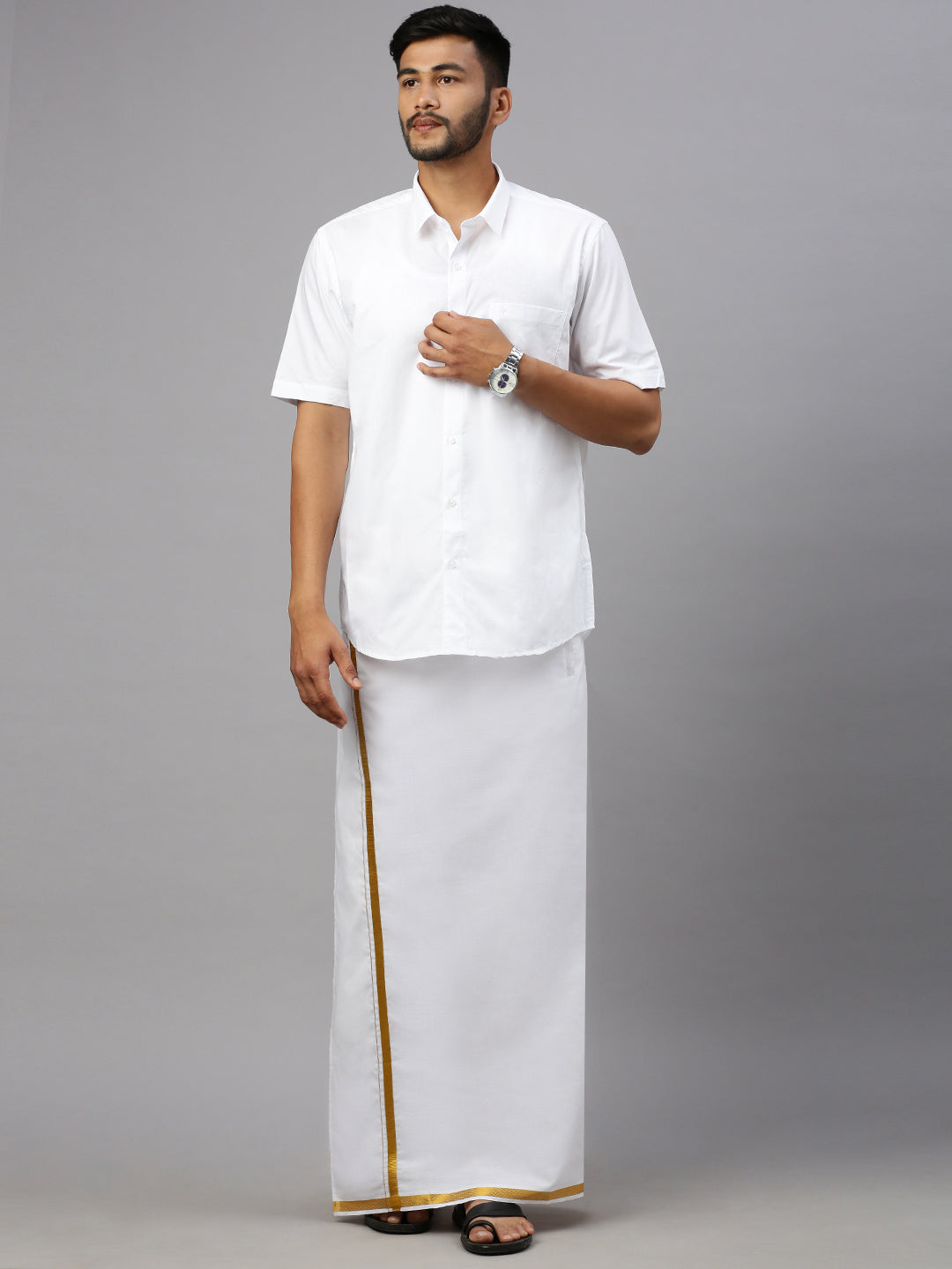 Men Single Dhoti White with Gold jari 3/4" inch Silver Sun