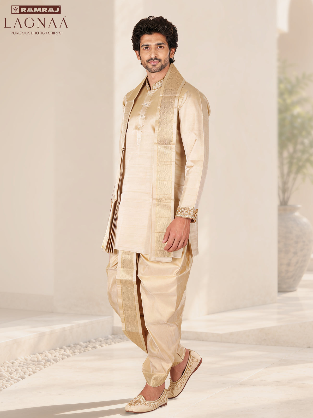 LAGNAA Premium Pure Tussar Silk Hand Embroidered Mango Sleeves Motif Kurta, Panchakacham & Angavastram set | Thanga Vaibhavam